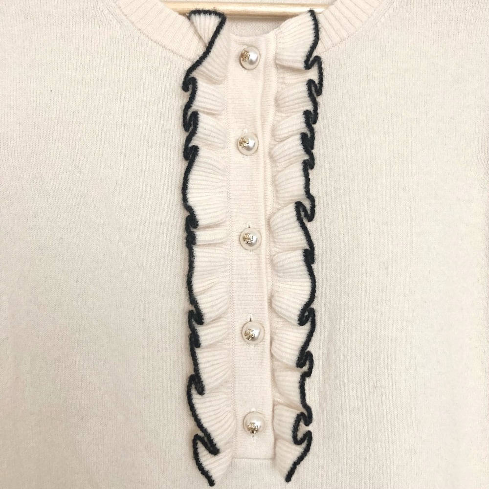 TORY BURCH Emily Cashmere Pullover Sweater Ruffle Pearl Buttons - Picture 3 of 10